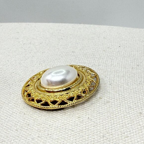 Vintage Scarf Pin Oval Imitation Pearl Gold-Tone Classic Old Money‎ Retro - Picture 4 of 10